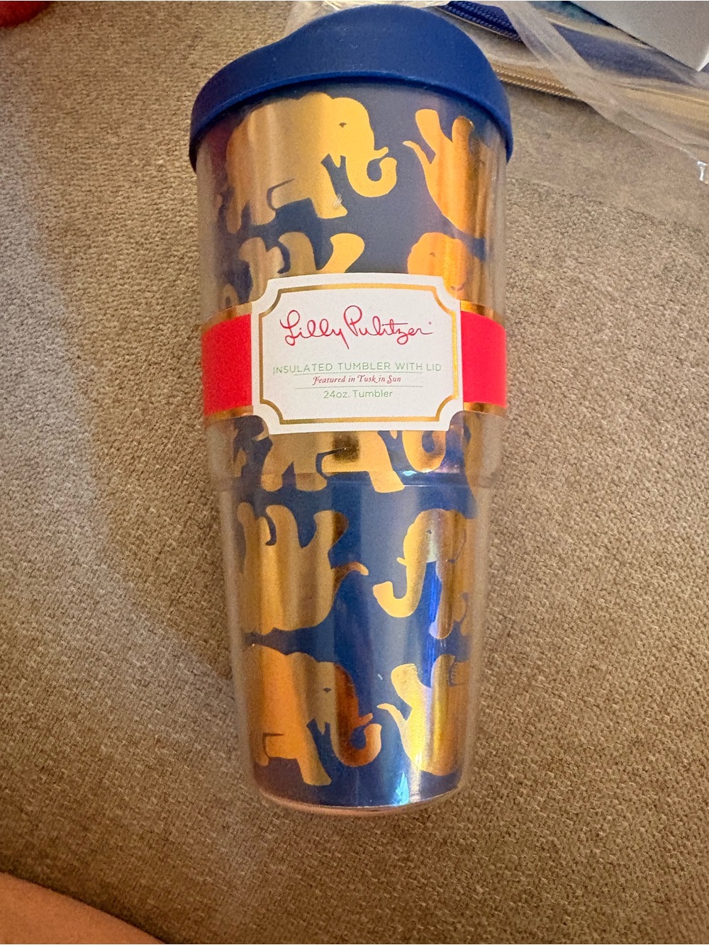 Lilly Pulitzer Navy Tumbler with Gold Elephant Print and Blue Lid